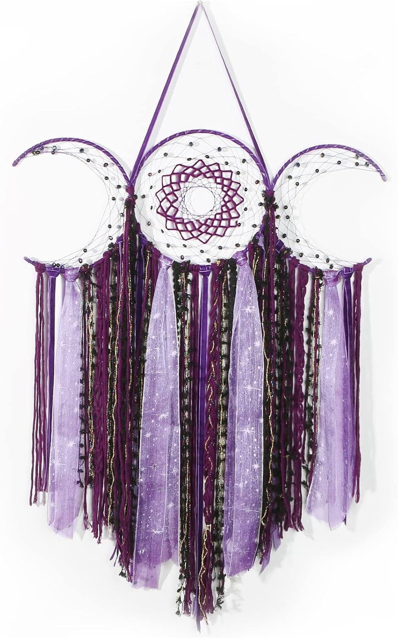 ANROYE Purple Triple Moon Goddess Macrame Wall Hanging, Boho Wiccan Crescent Dream Catcher, Bohemian Dreamcatcher for Women,Woven Pagan Tapestry Decor for Bedroom Witch Decoration - Image 1